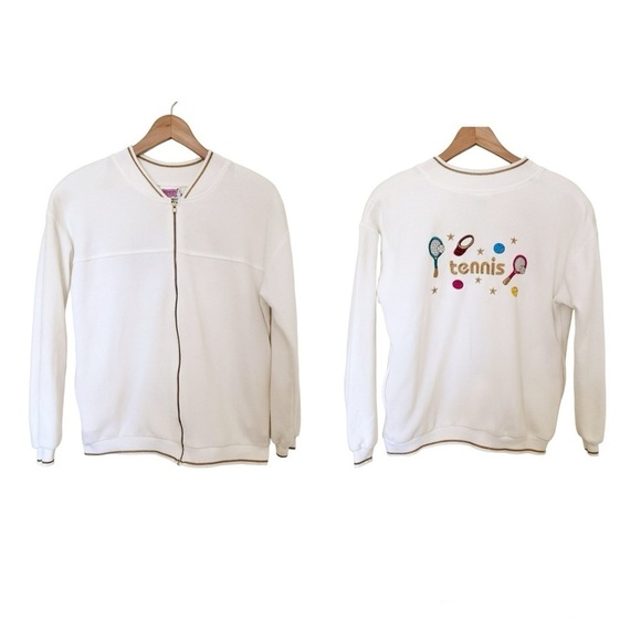 Vintage Jacket Embroidered Tennis White Gold Retro Medium - Picture 1 of 9